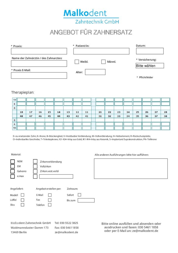 Malkodent Zahntechnik Angebotsformular für die Erstellung von hochwertigem Zahnersatz